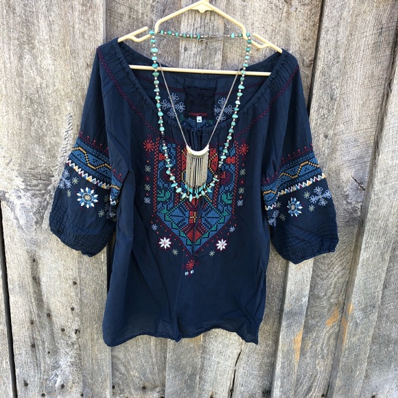 Johnny Was 3J Workshop Embroidered Bohemian Peasant Blouse Size Medium Blue - Picture 9 of 14
